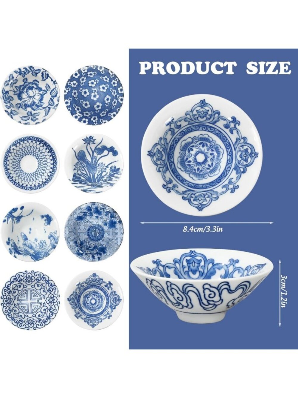 8Pcs Vintage Floral Ceramic Bowls Set - Chinoiserie Mini Dipping & Serving Bowls - Picture 3 of 7